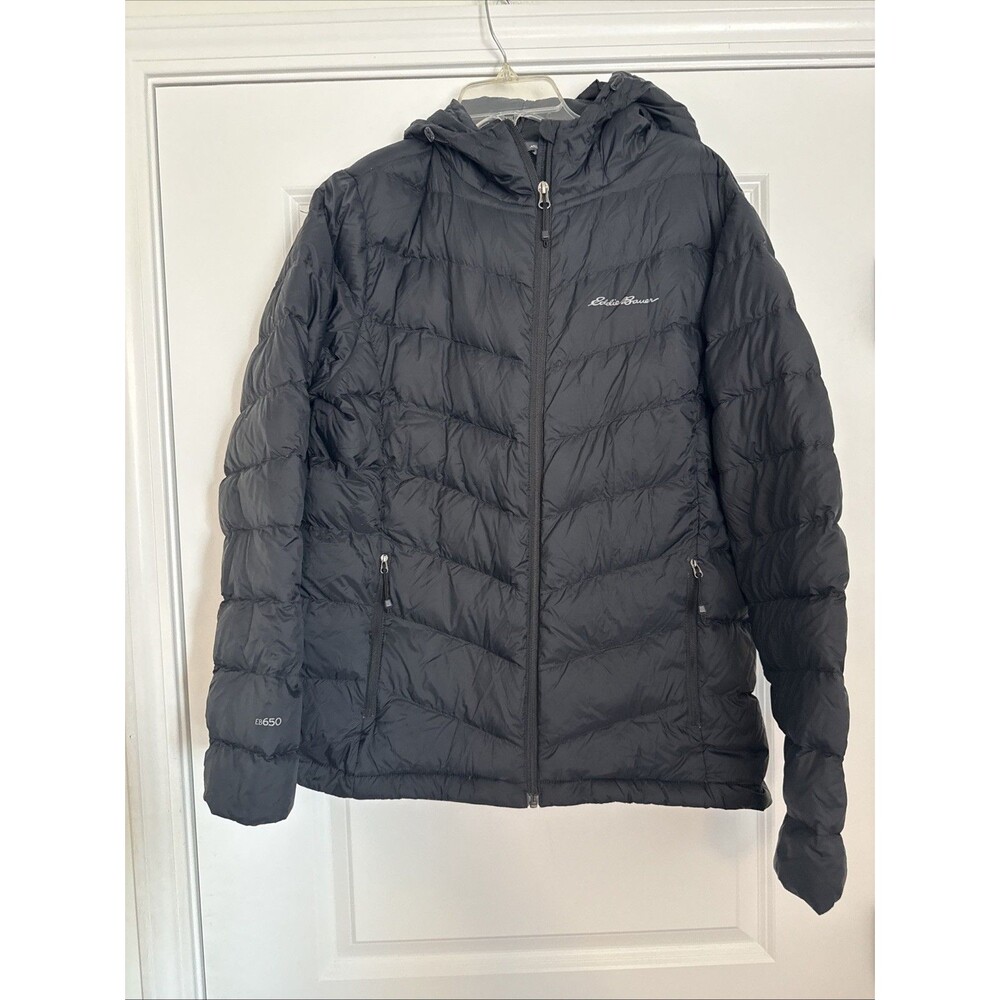 Eddie Bauer Women's XL EB650 650 Fill Down Hooded Puffer Jacket Black Packable